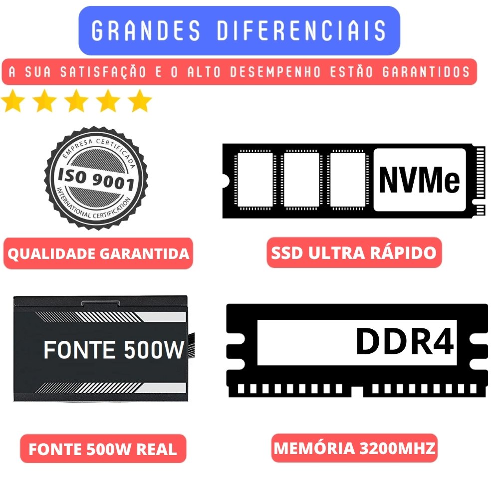 Computador Completo Skill Pro Intel 12ª Geração Core i3 12100F 16GB DDR4 Placa de video Geforce 2GB SSD 512GB Monitor 21.5" LED SP-080
