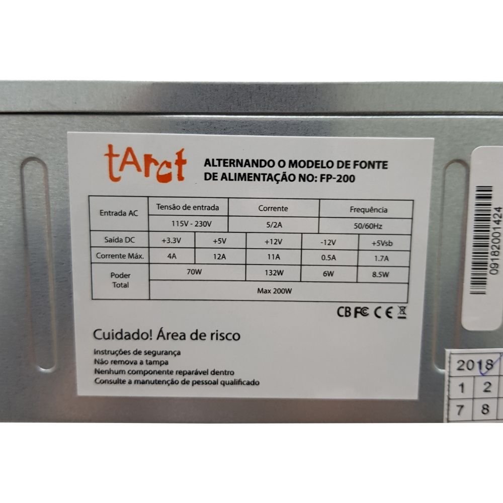Fonte 200W Real ATX Tarct + Cabo 20/24 Pinos