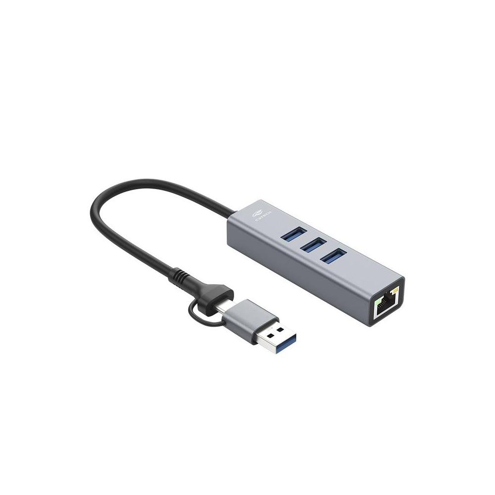 Hub C3Tech USB-C, 3.0, Porta RJ45, 4 Portas com Conector Reversivel - HU-LAN1000GY.