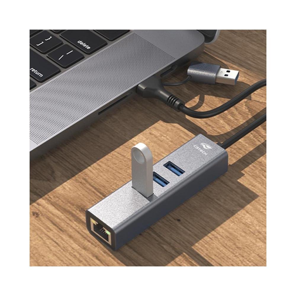 Hub C3Tech USB-C, 3.0, Porta RJ45, 4 Portas com Conector Reversivel - HU-LAN1000GY.