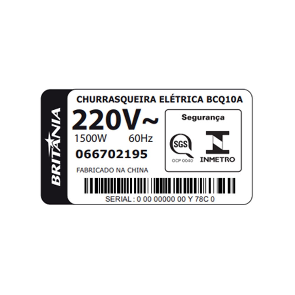 Churrasqueira Elétrica Britânia BCQ10A - 1500W, Preto/Inox, 220V
