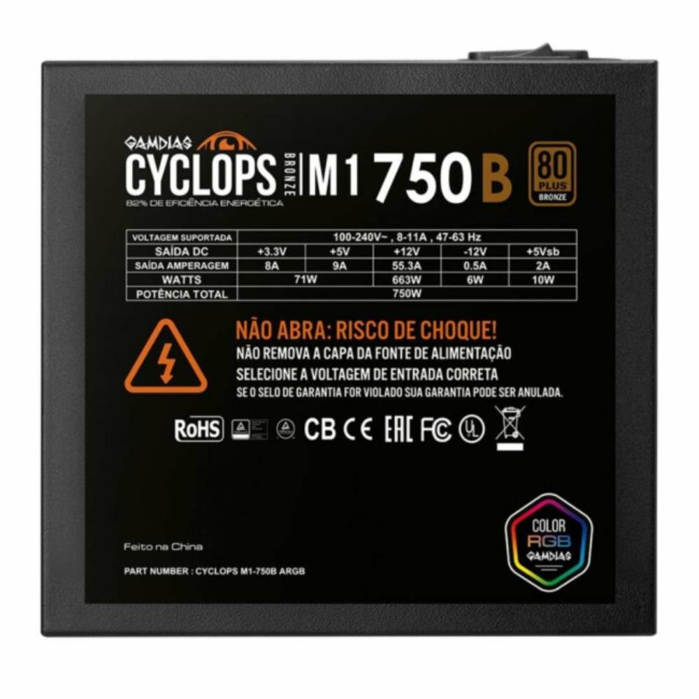 Fonte 750W Gamdias Cyclops M1 RGB, ATX, 80 Plus Bronze, Cybenetics, Teclab, PFC Ativo, M1-750B RGB