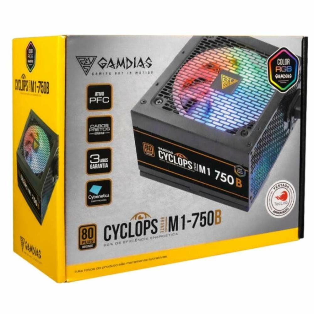 Fonte 750W Gamdias Cyclops M1 RGB, ATX, 80 Plus Bronze, Cybenetics, Teclab, PFC Ativo, M1-750B RGB