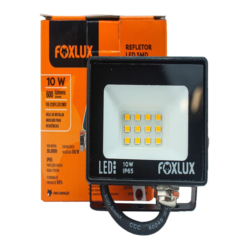 Refletor de Led Foxlux 10W Preto 3,0K Bivolt