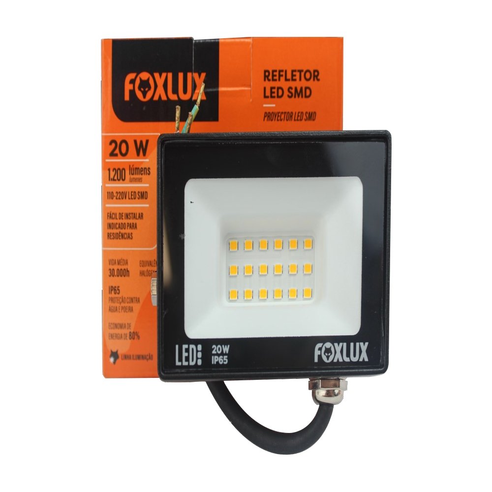 Refletor de Led Foxlux 20W Preto 3,0K Bivolt