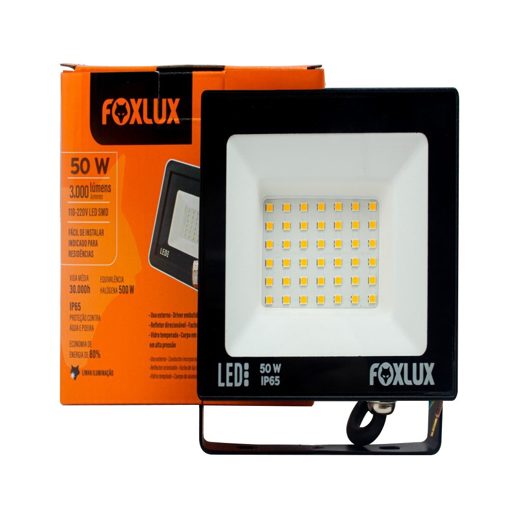 Refletor de Led Foxlux 50W Preto 3,0K Bivolt