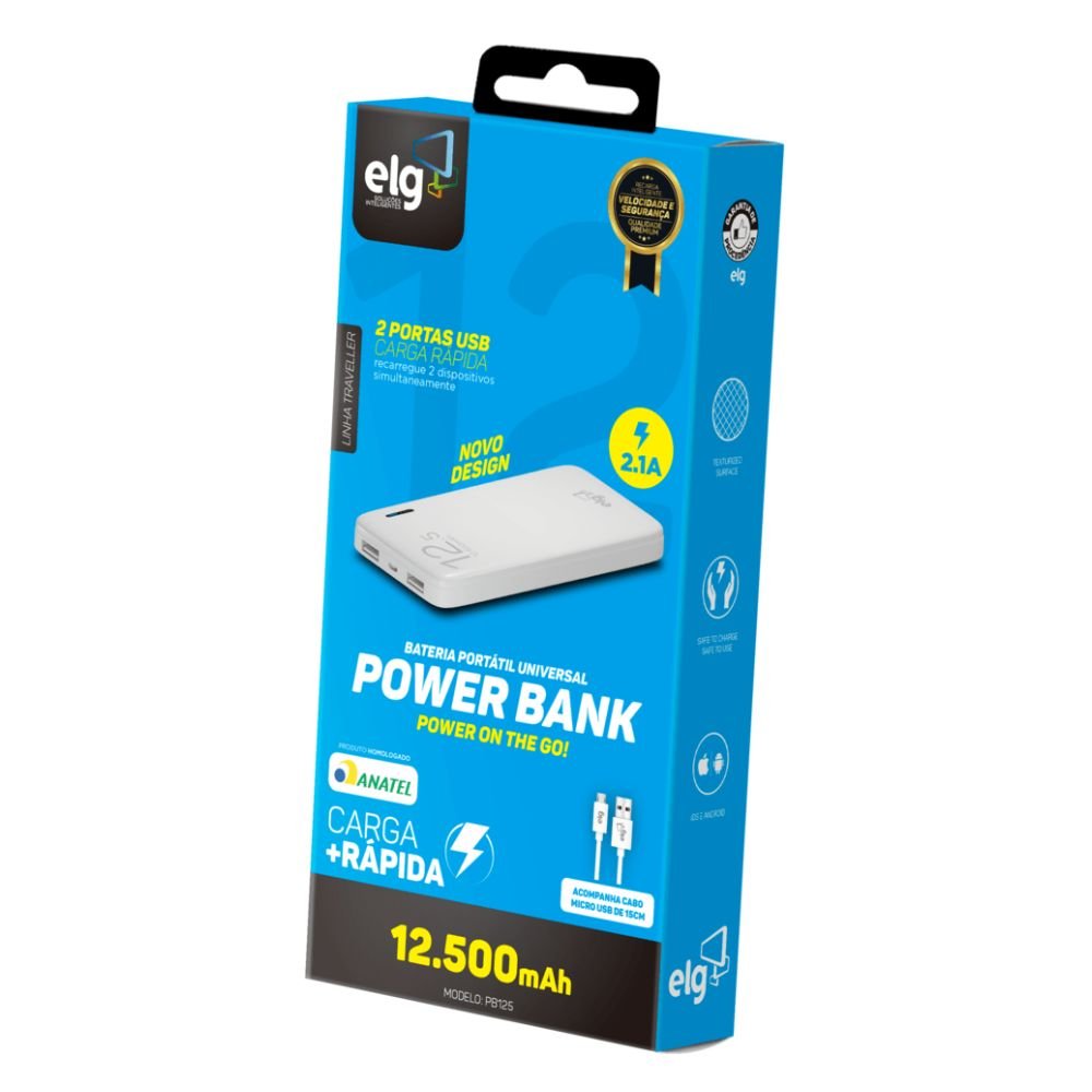 Carregador Portatil ELG Power Bank Led 12500MAH PB125 Branco