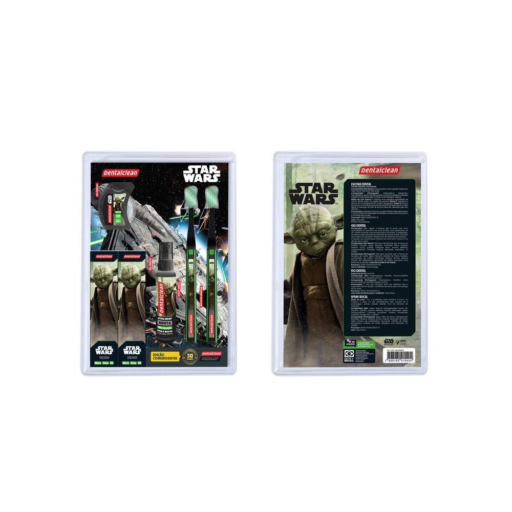 Kit 2 Escovas Dentais Macias + 1 Fio Dental 50m + 2 Géis Dentais com Flúor 50g Cada + 1 Spray Bucal 30ml Adulto Menta Yoda