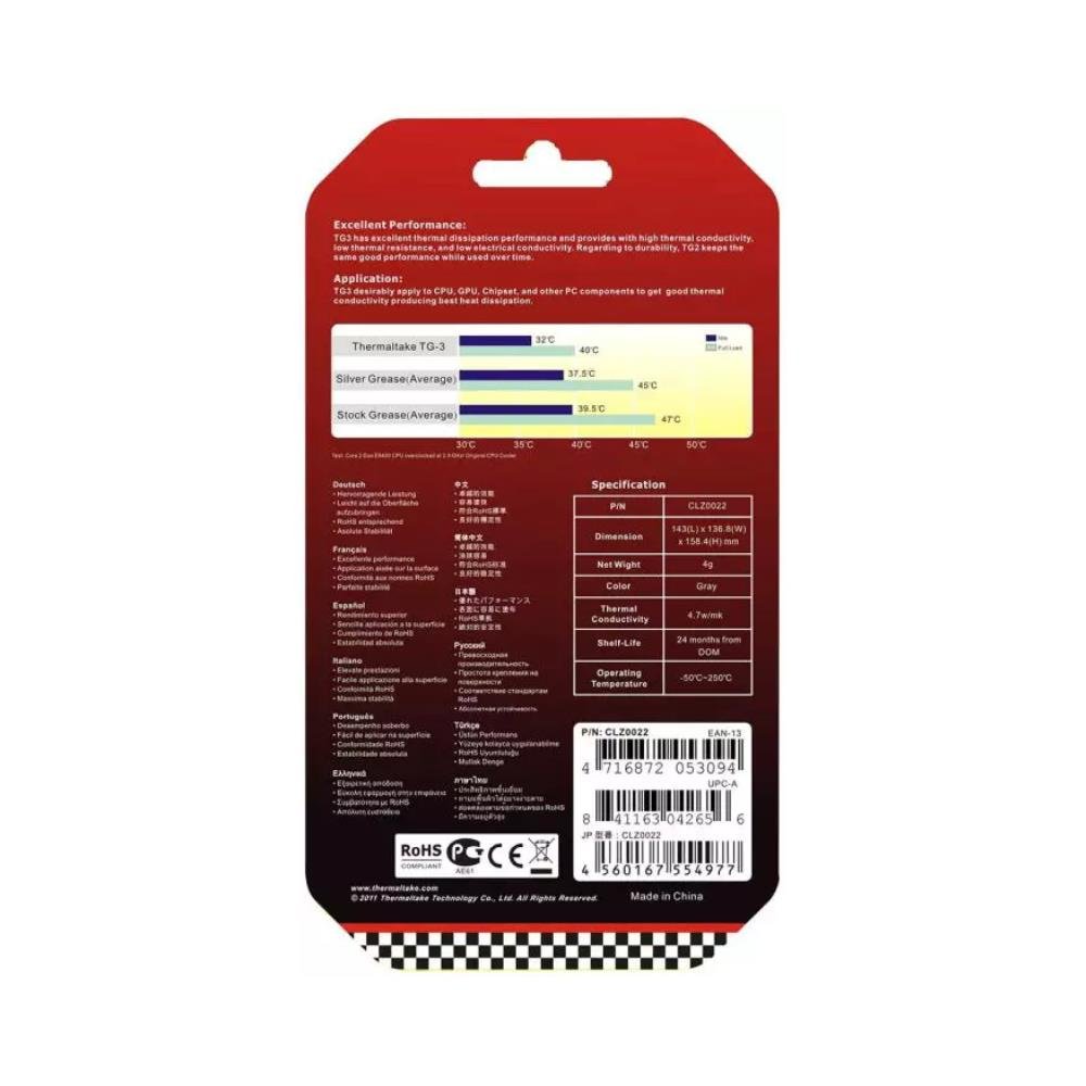 Pasta Térmica Thermaltake TG3, Thermal Grease 4g, 4.7 W/m-K - CLZ0022