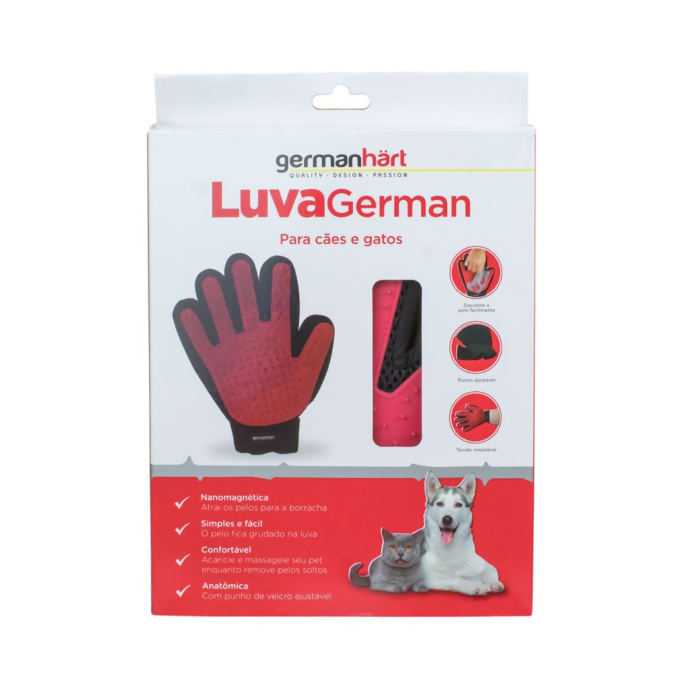 Luva Tira Pelo P/Cães e Gatos Vermelha P/ Destros Germanhart