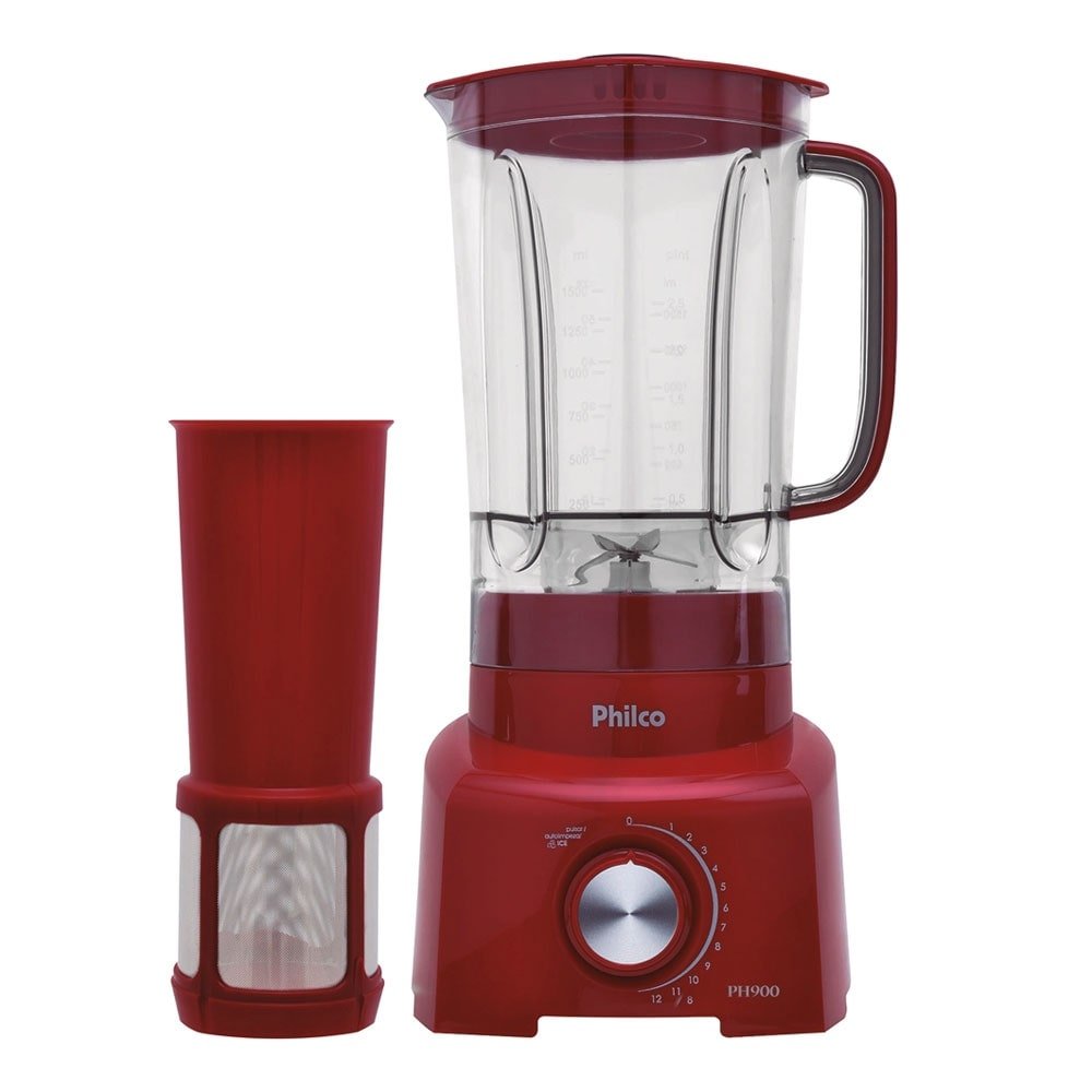 Liquidificador Philco PH900 Turbo com Filtro, Copo de Acrílico, 12 Velocidades + Pulsar, 1200W, Vermelho, 110V