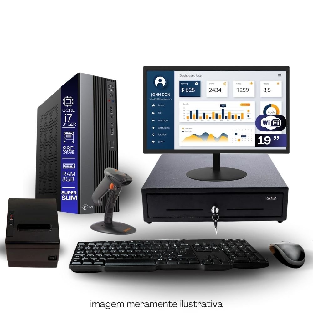 Kit Automação PDV TOB i7 6ªG 8GB SSD 240GB Win10 Rede S/Fio Teclado Mouse Monitor 19´´ Gvt. Dinheiro Imp. Termica Leitor Cod Barra