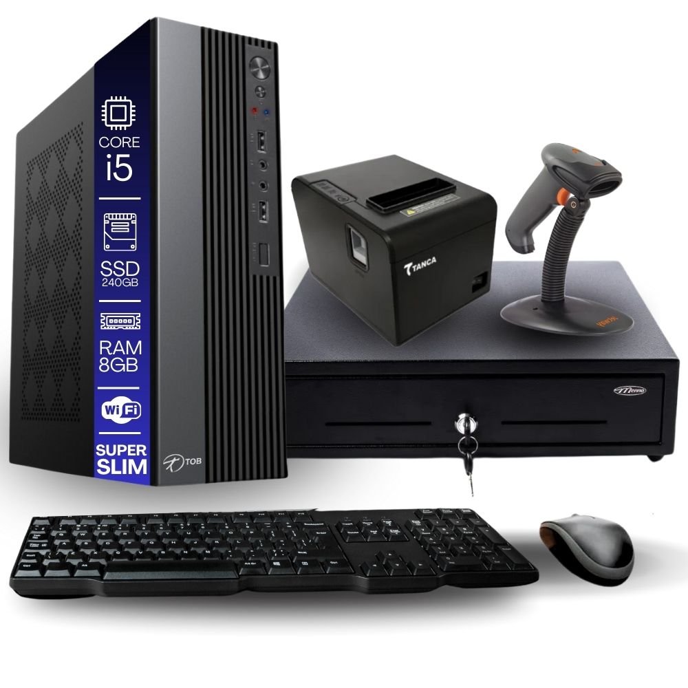 Kit Automação PDV TOB Intel i5 8GB SSD 240GB Win10 Rede S/Fio Teclado Mouse Gaveta Dinheiro Impressora Termica Leitor Codigo de Barras