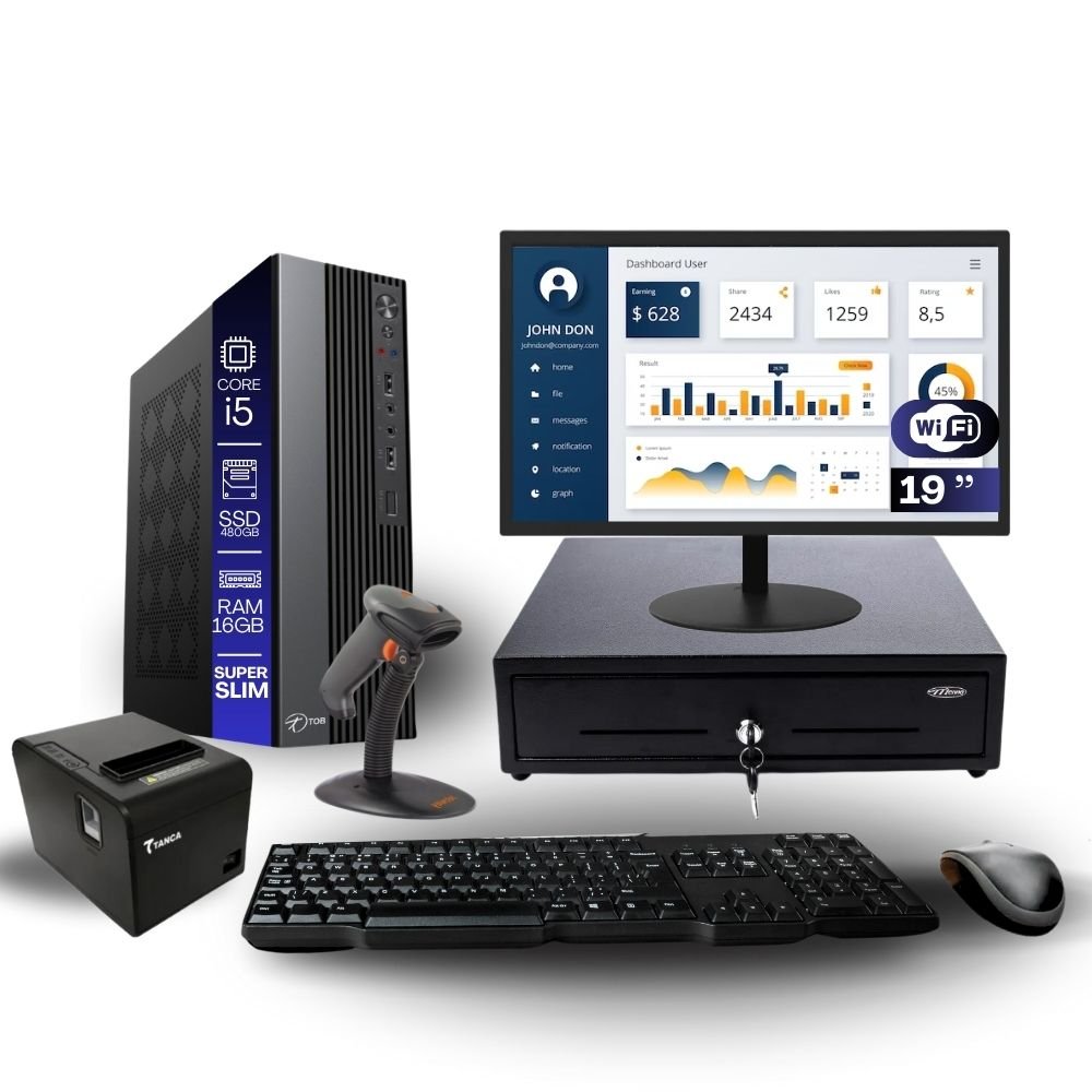 Kit Automação PDV TOB i5 16GB SSD 480GB Win10 Rede S/Fio Teclado Mouse Monitor 19´´ Gvt. Dinheiro Imp. Termica Leitor Cod Barras