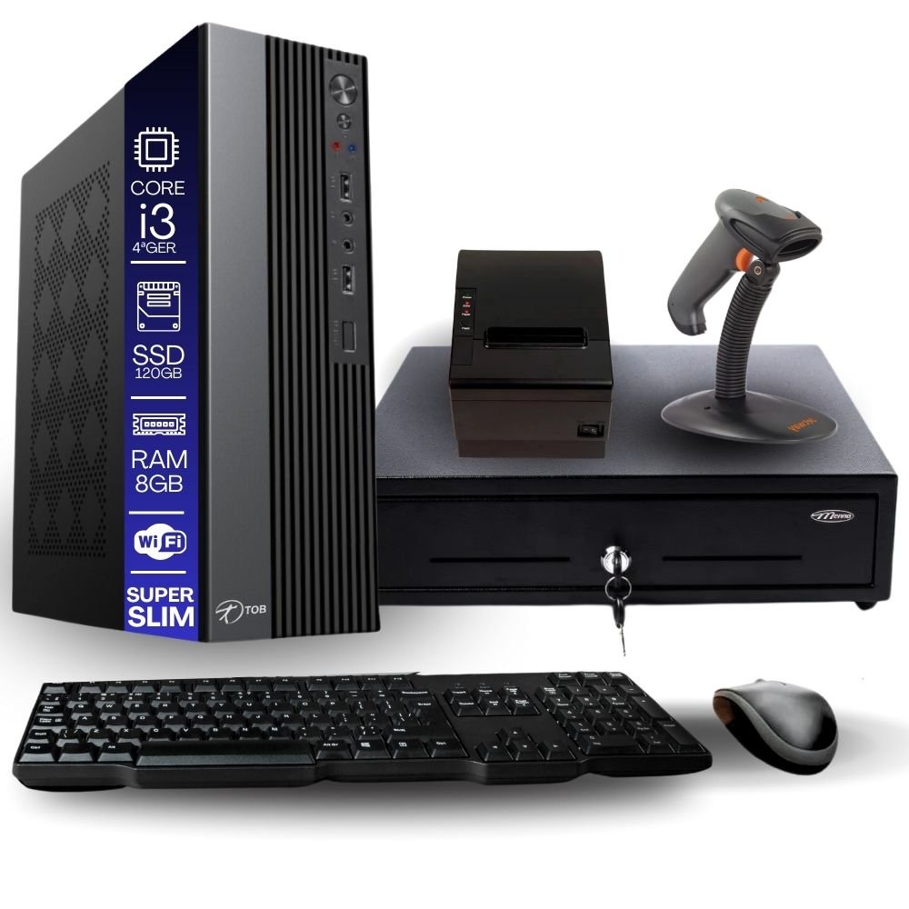 Kit Automação PDV TOB Intel i3 4ªG 8GB SSD 240GB Win10 Rede S/Fio Teclado Mouse Gaveta Dinheiro Impressora Termica Leitor Codigo de Barras