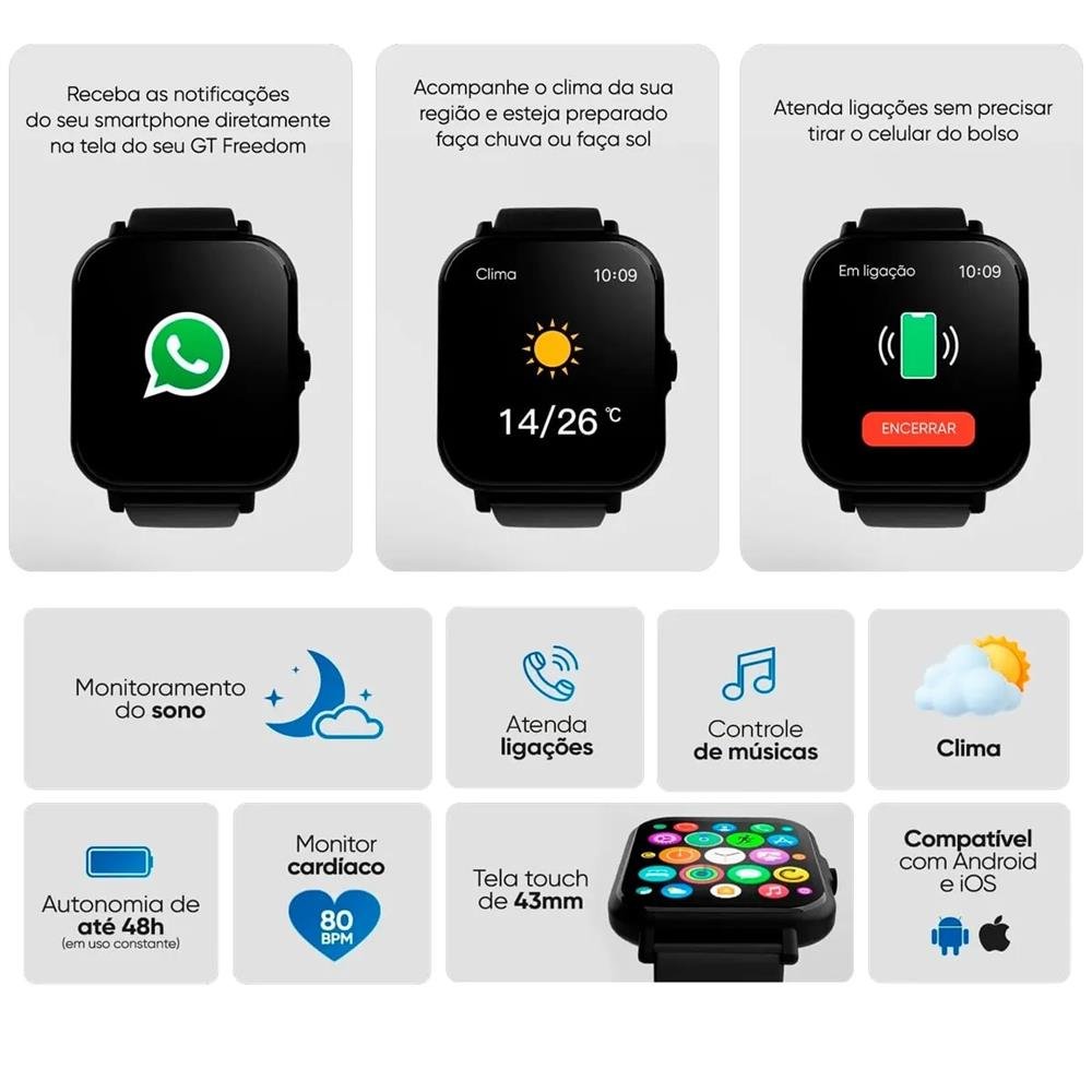 Smartwatch Relógio Inteligente Goldentec GT Freedom Full Touch IP67 Bluetooth Preto