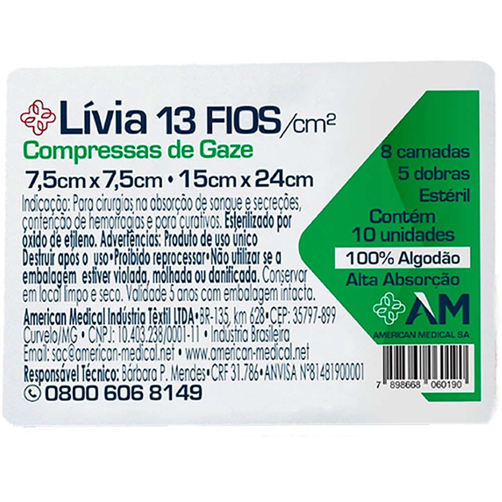 Compressa Gaze Amed Livia 13Fios Com 10 Unidades