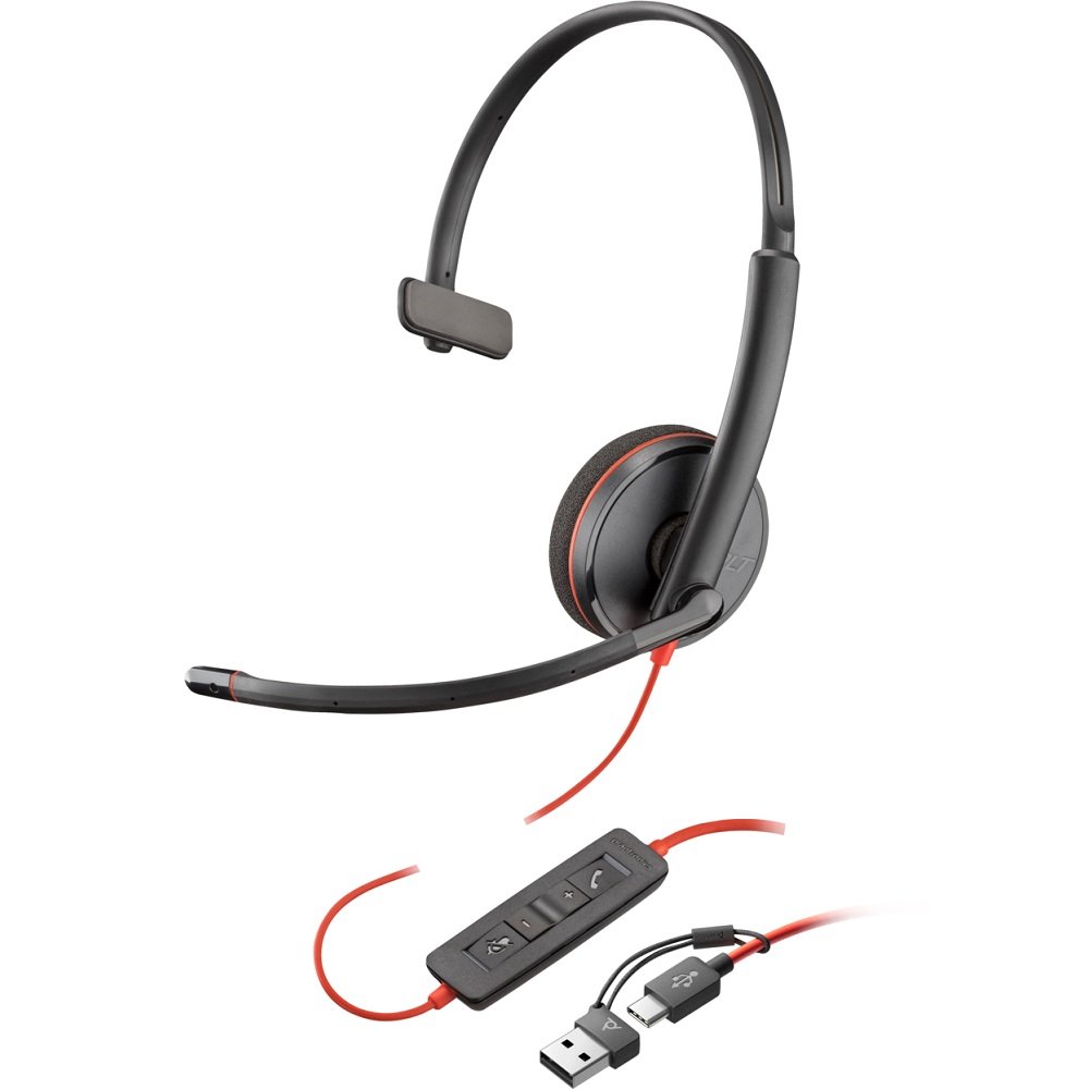 Fone Headset Usb-C Poly Blackwire C3210 Monoauricular + Adaptador Para Usb-A 8x214aa