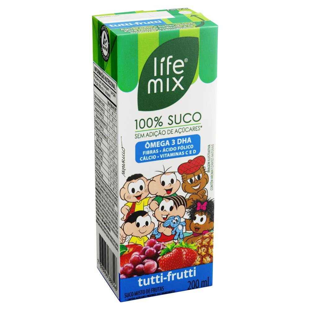 Suco 100% Life Mix Turma da Mônica Tutti Frutti 200ml - Embalagem 27 unidades