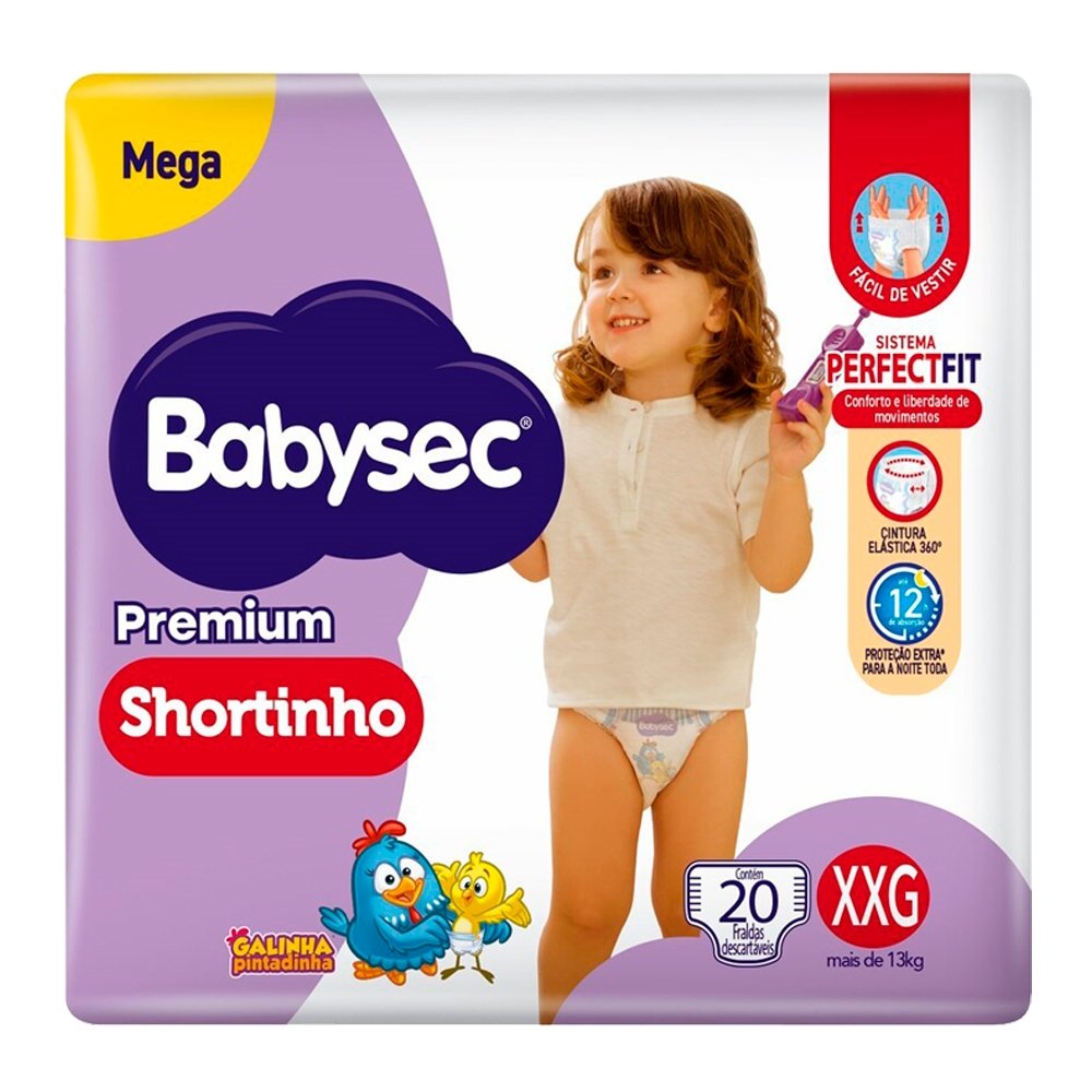 Fralda Descartável Babysec Shortinho Mega Tamanho XXG  - 6 Pacote com 20 Fraldas - Total 120 Tiras