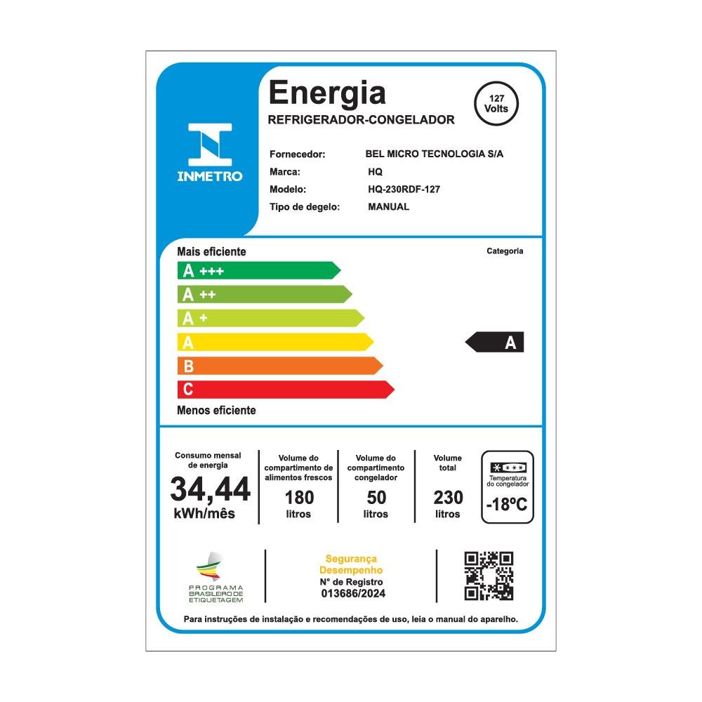 Geladeira Refrigerador HQ Defrost 230 Litros Preto/Inox HQ-230RDF 127V