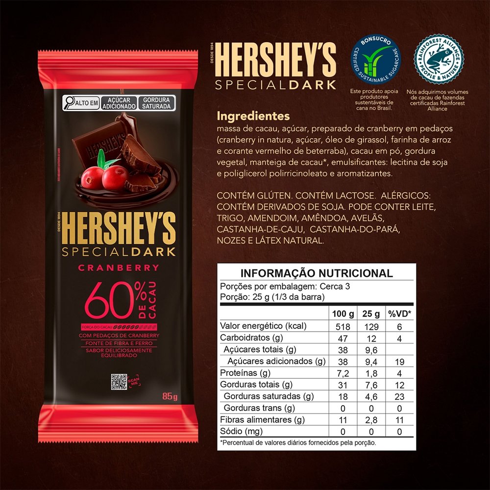Chocolate Hershey's Special Dark Cranberry 85g - Embalagem com 17 Unidades