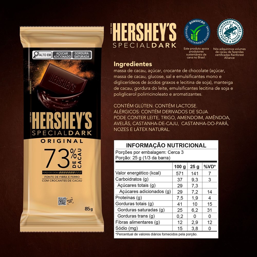 Chocolate Hershey's Special Dark 73% Cacau 85g - Embalagem com 17 Unidades