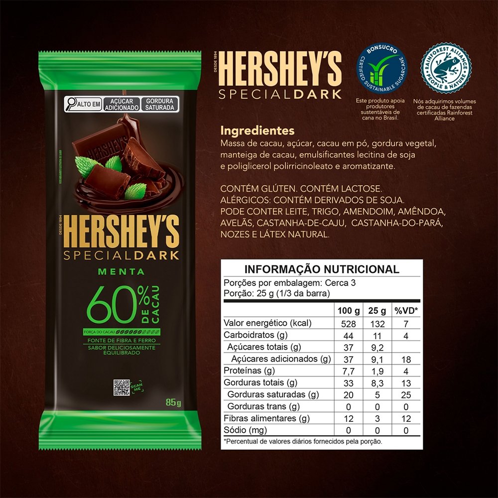 Chocolate Hershey's Special Dark Menta 85g - Embalagem com 17 Unidades
