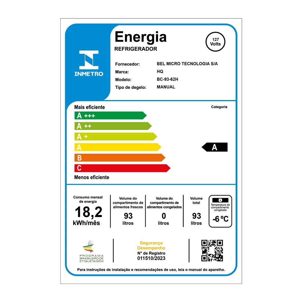 Frigobar Geladeira HQ 93 Litros Inox HQ-93FB 127V