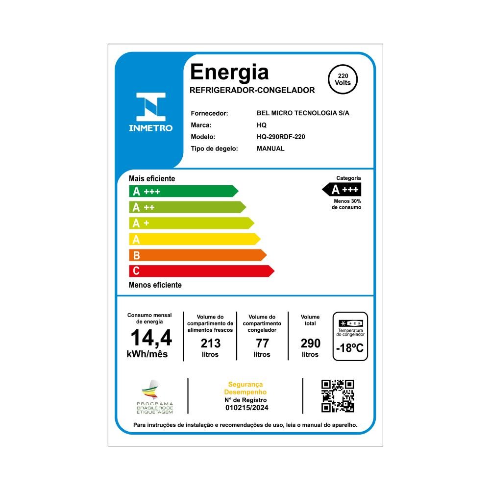 Geladeira Refrigerador HQ Defrost 290 Litros Branco HQ-290RDF 220V