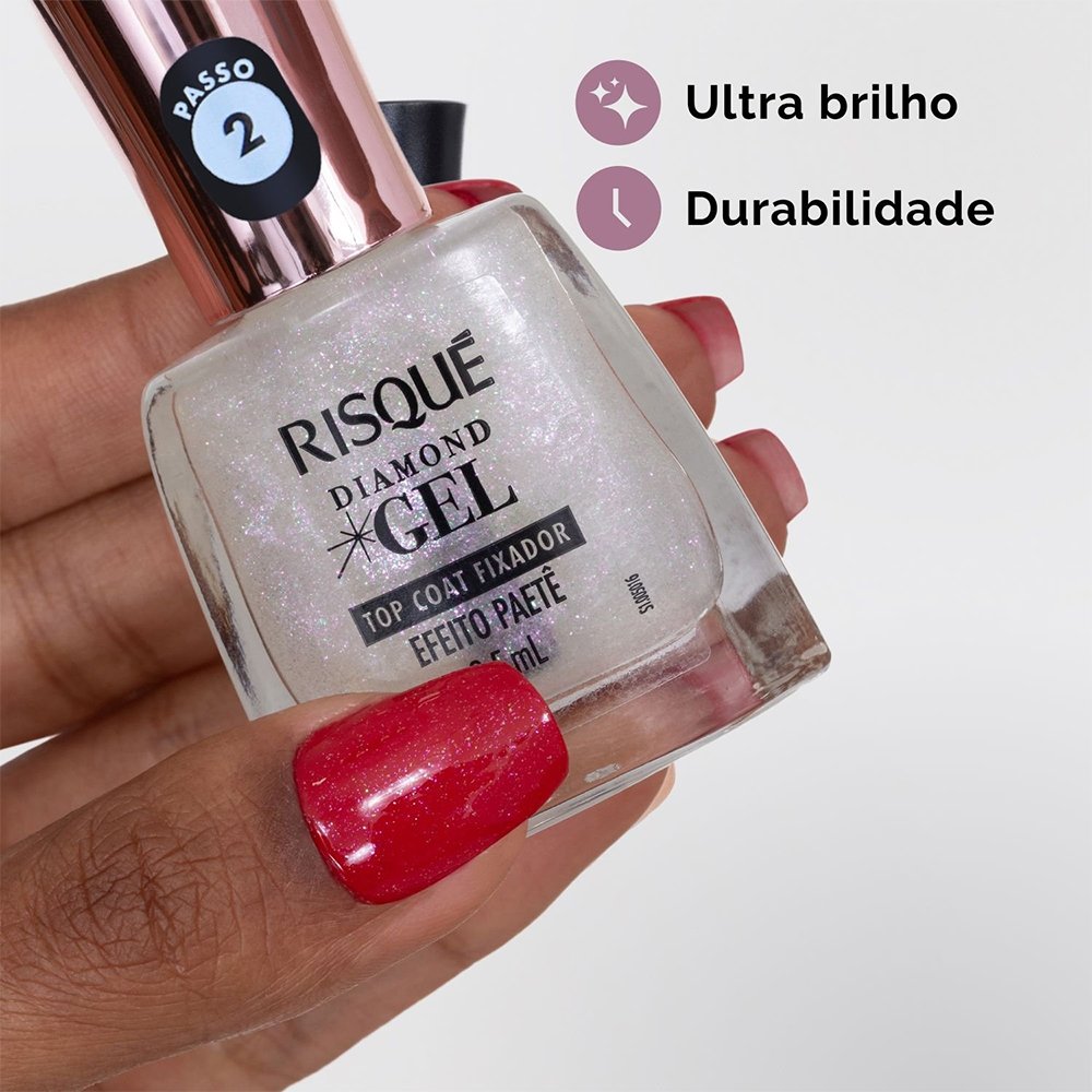 Esmalte Risqué Diamond Gel Top Coat Fixador Efeito Paetê Avulso 9,5ml