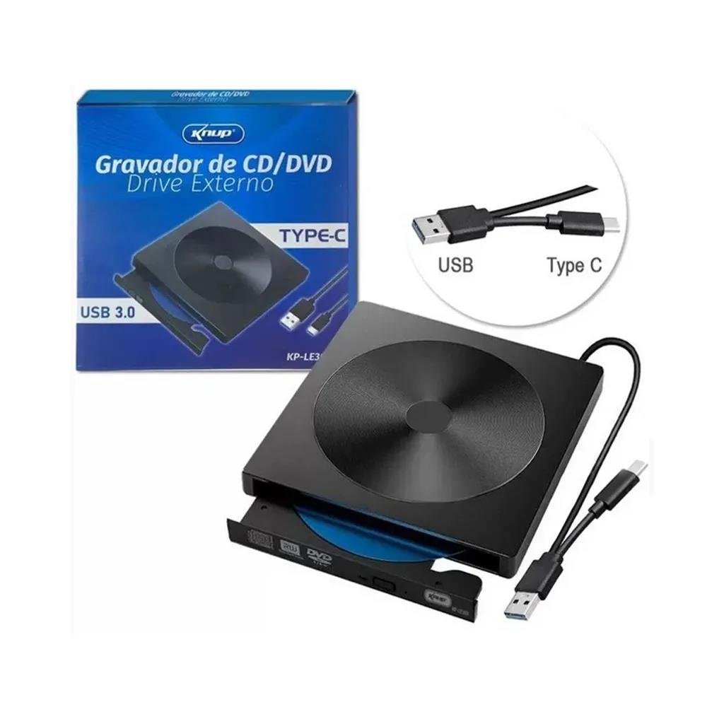 Drive Gravador Externo, CD e DVD Knup, Compatível com Notebook e Desktop - KP-LE303