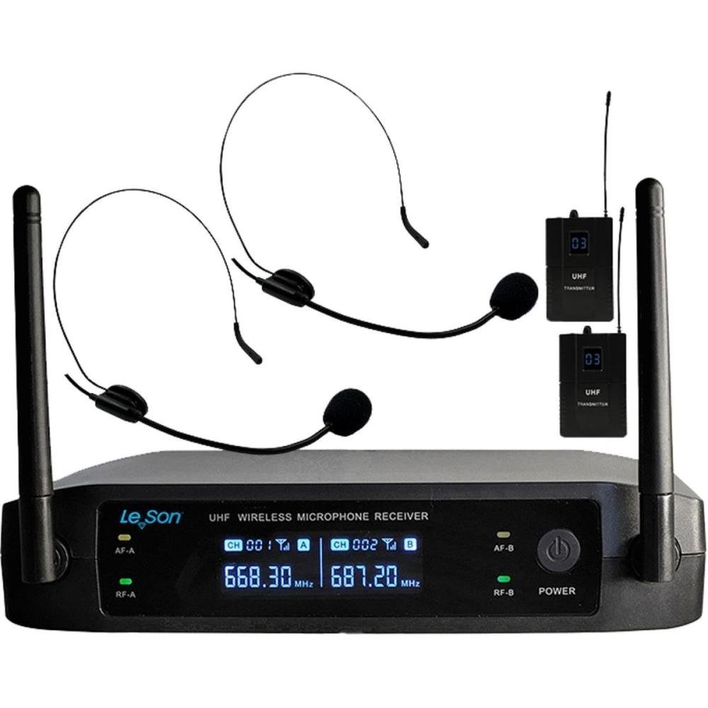 Sistema de Microfone Sem Fio Duplo Headset Bodypack Leson LS902 Preto Un.Venda: PC/1