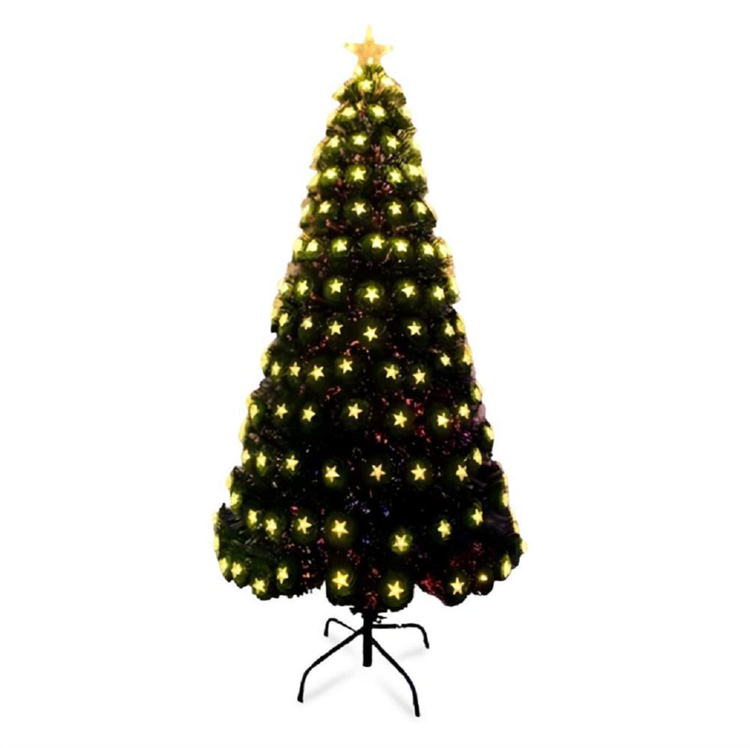 Árvore Fib. Óptica Verde Base Led C/ Estrelas Led Warm White Nos Galhos E Estrela No Topo 150Cm