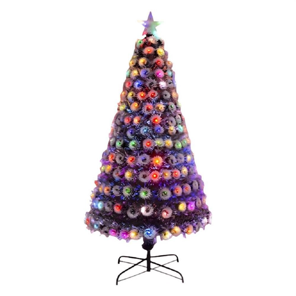 Árvore Fib. Óptica Verde Com Floco De Neve Led Rgb C/ Led Rgb Nos Galhos E Estrela No Topo 150Cm