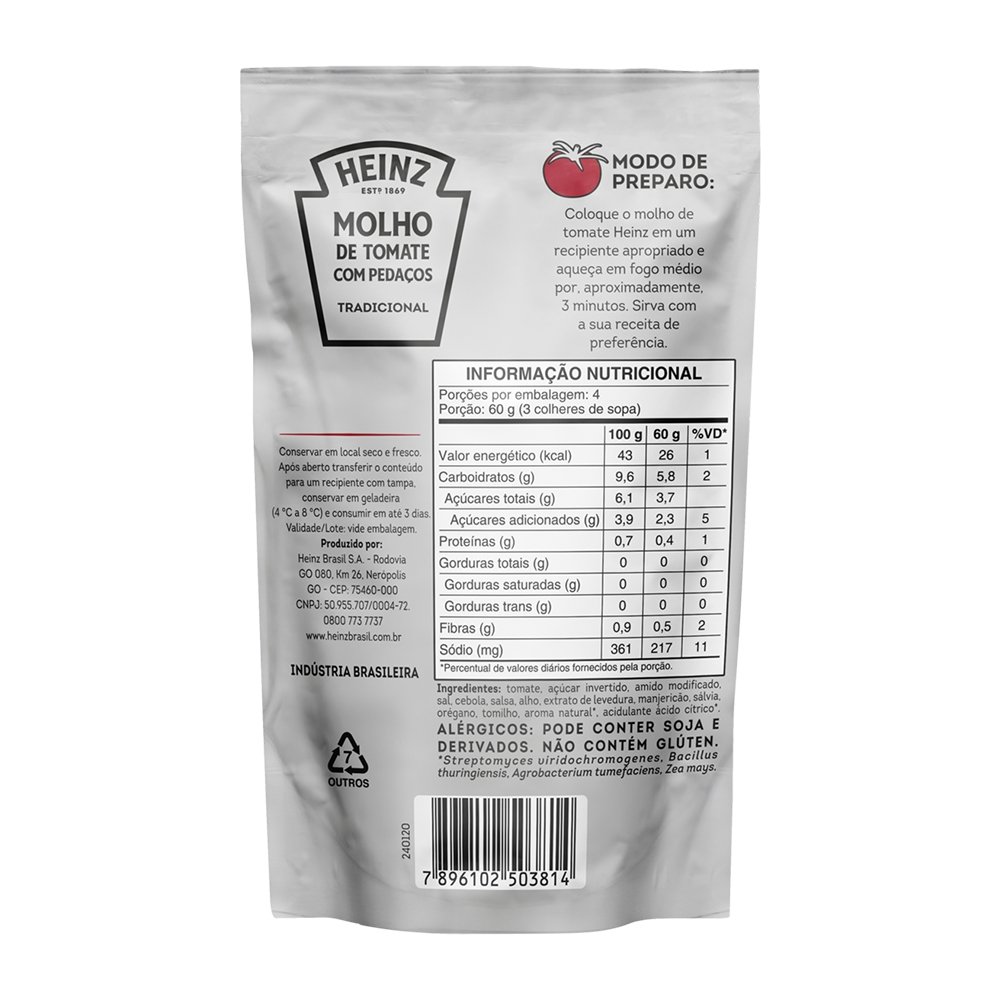 Molho de Tomate Heinz Tradicional Sachê 240g - Embalagem com 32 Unidades