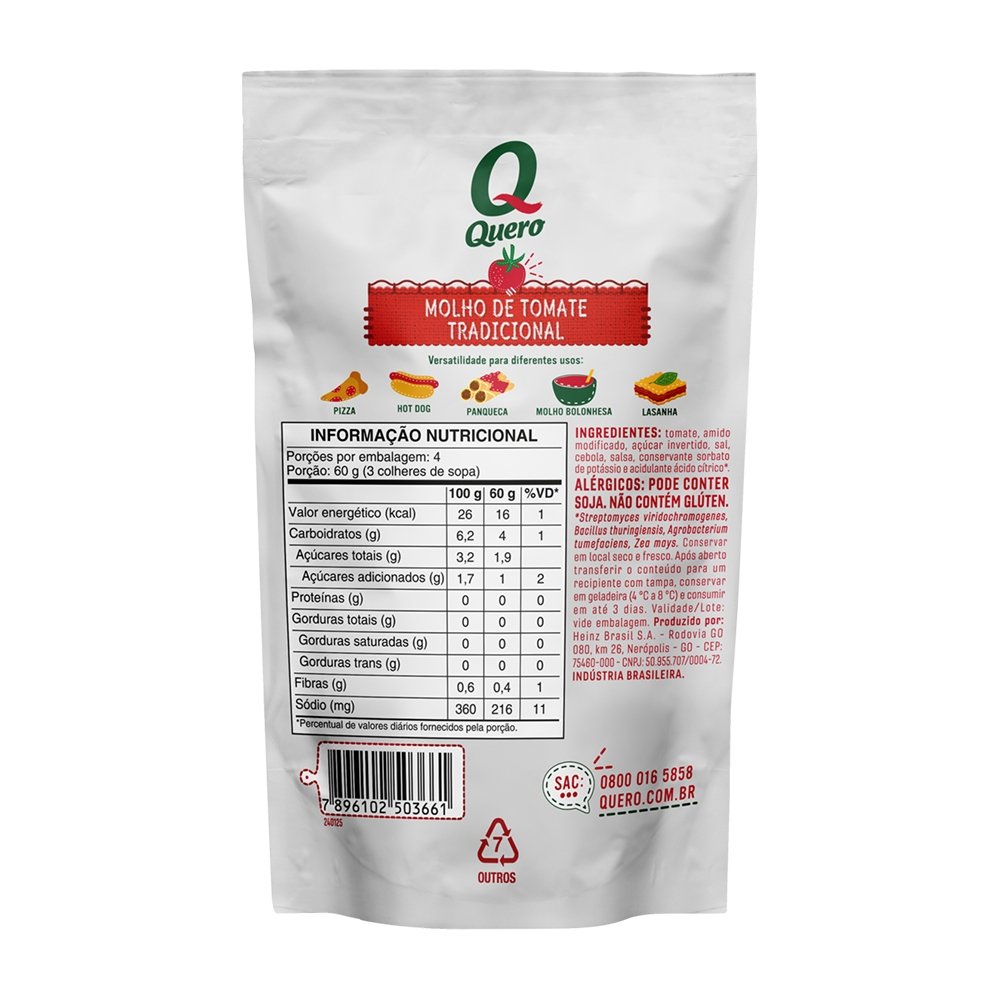 Molho de Tomate Quero Tradicional Sachê 240g - Embalagem com 32 Unidades