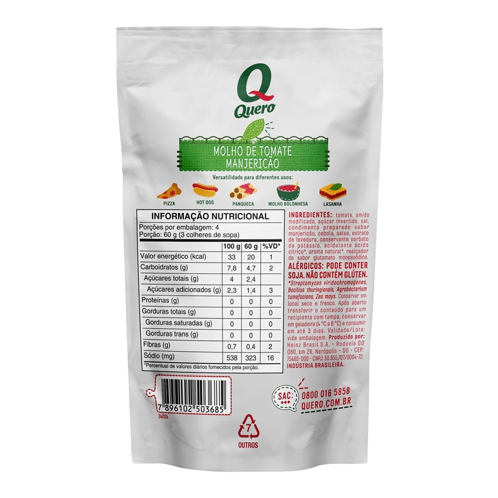 Molho de Tomate Quero Manjericão Sachê 240g - Embalagem com 32 Unidades