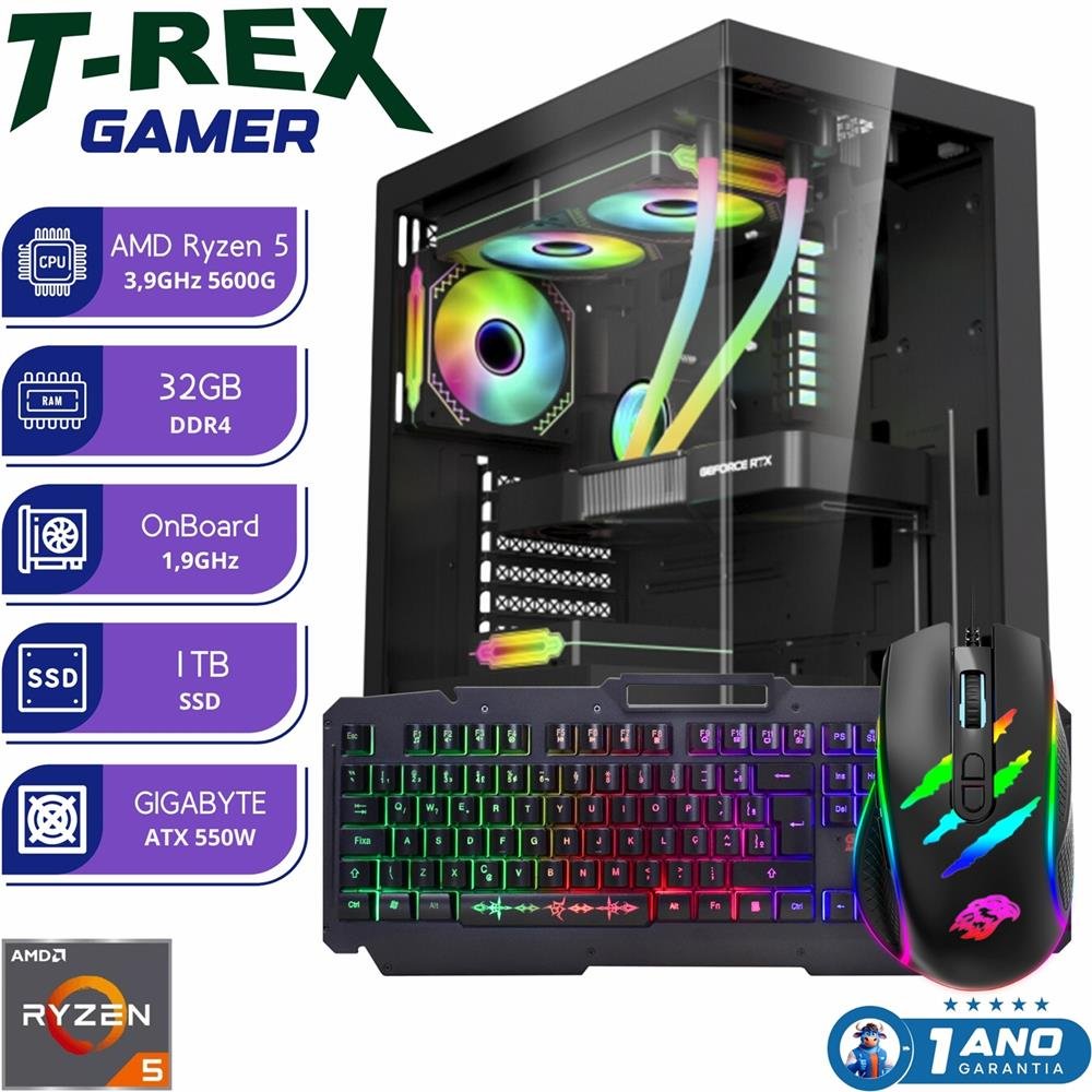 Computador Gamer T-Rex AMD Ryzen 5600G 32GB SSD 1TB Vídeo onboard Vega7 Teclado/Mouse