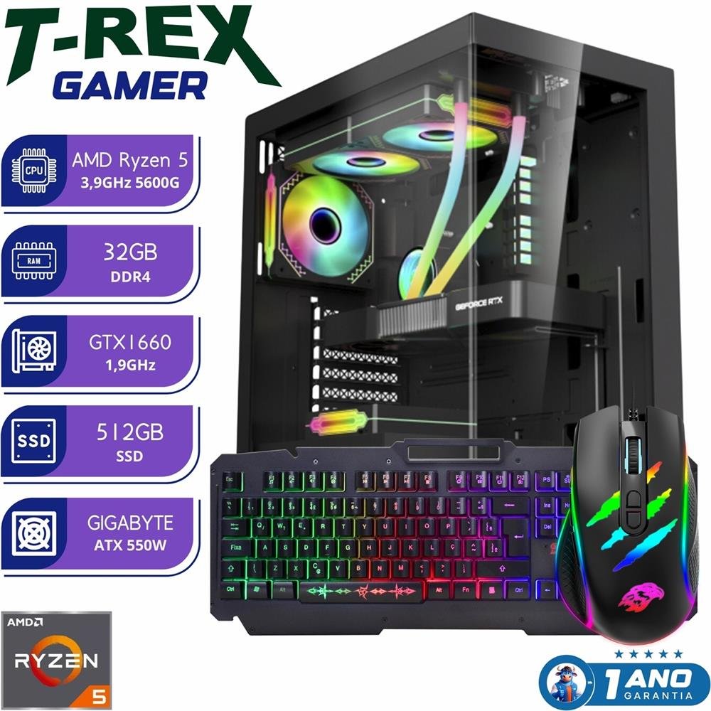 Computador Gamer T-Rex AMD Ryzen 5600G 32GB SSD 512GB Vídeo 6GB GTX1660 Teclado/Mouse