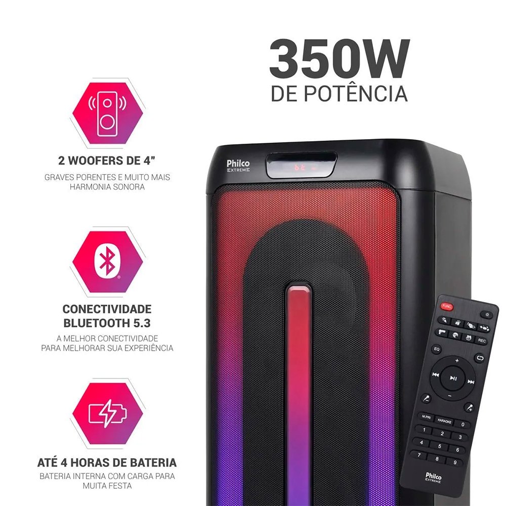 Caixa de Som Amplificada Philco PCX4501 - FM|BLUETOOTH|AUX|USB, Bateria de Até 15 horas, 350W, Preto