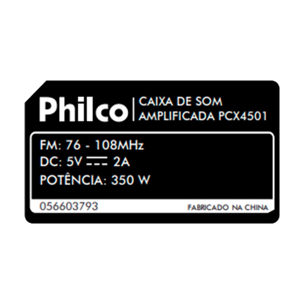 Caixa de Som Amplificada Philco PCX4501 - FM|BLUETOOTH|AUX|USB, Bateria de Até 15 horas, 350W, Preto