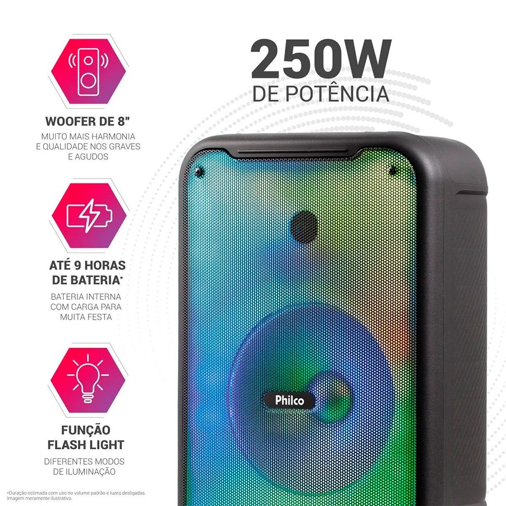 Caixa de Som Amplificada Philco PCX3800 - FM/BLUET/AUX/USB, 250W, Bateria Até 9 Horas, Preto