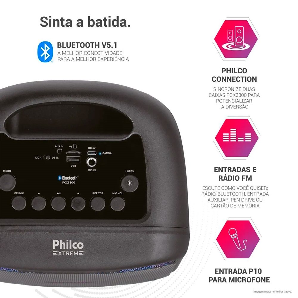 Caixa de Som Amplificada Philco PCX3800 - FM/BLUET/AUX/USB, 250W, Bateria Até 9 Horas, Preto