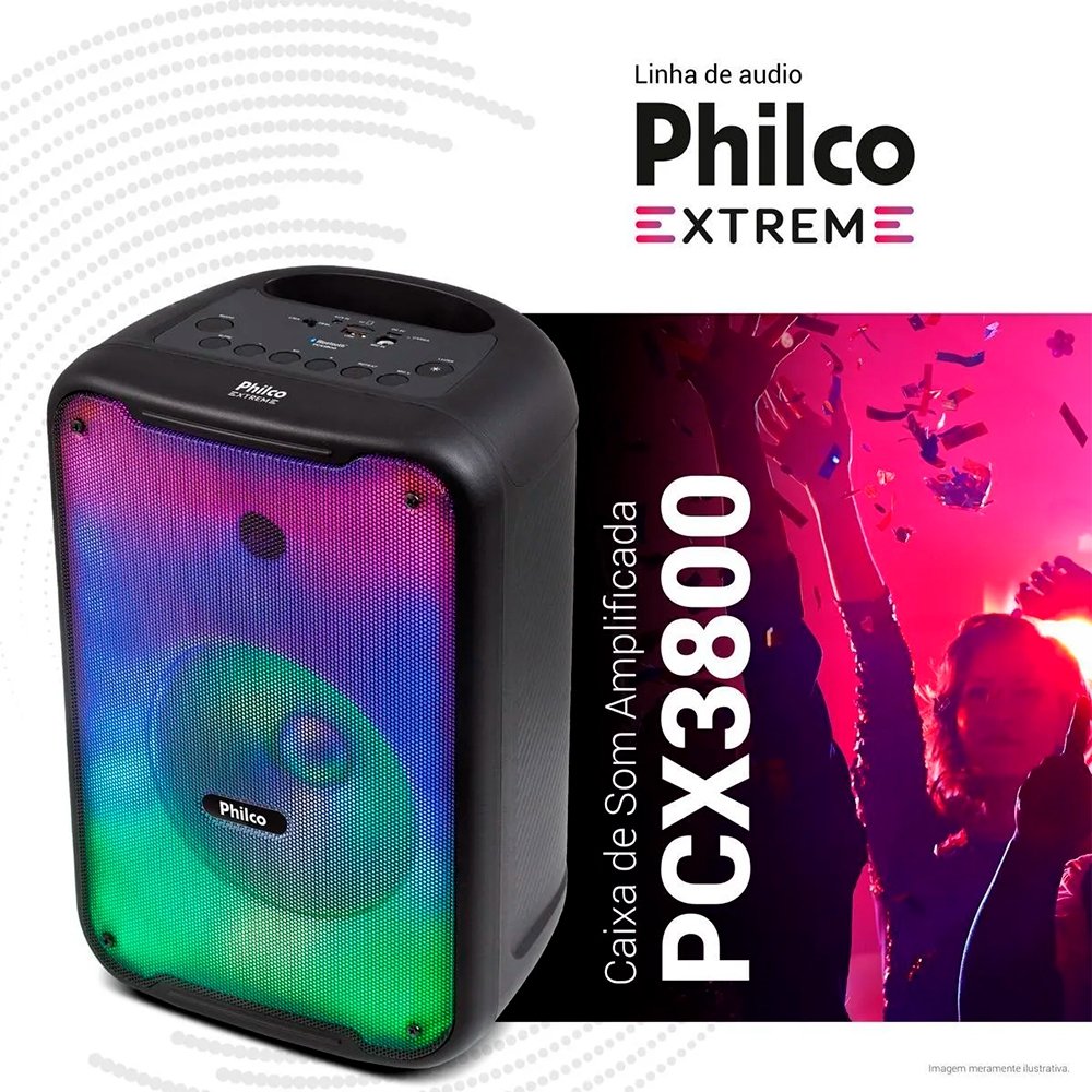Caixa de Som Amplificada Philco PCX3800 - FM/BLUET/AUX/USB, 250W, Bateria Até 9 Horas, Preto
