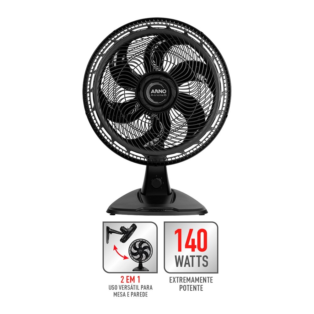 Ventilador de Mesa Arno VE60 X-Treme 2 Em 1 - 140W, 40cm, 6 Pás, 3 Velocidades, Preto, 220V