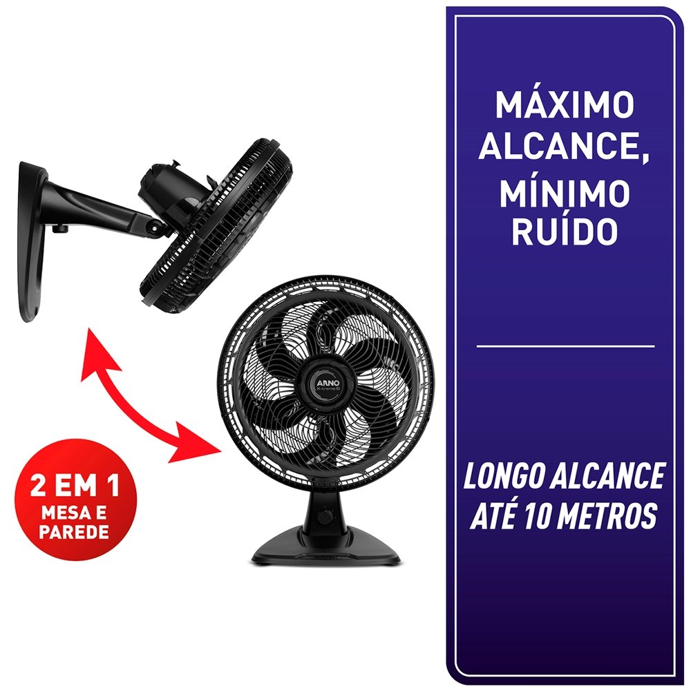 Ventilador de Mesa Arno VE60 X-Treme 2 Em 1 - 140W, 40cm, 6 Pás, 3 Velocidades, Preto, 220V