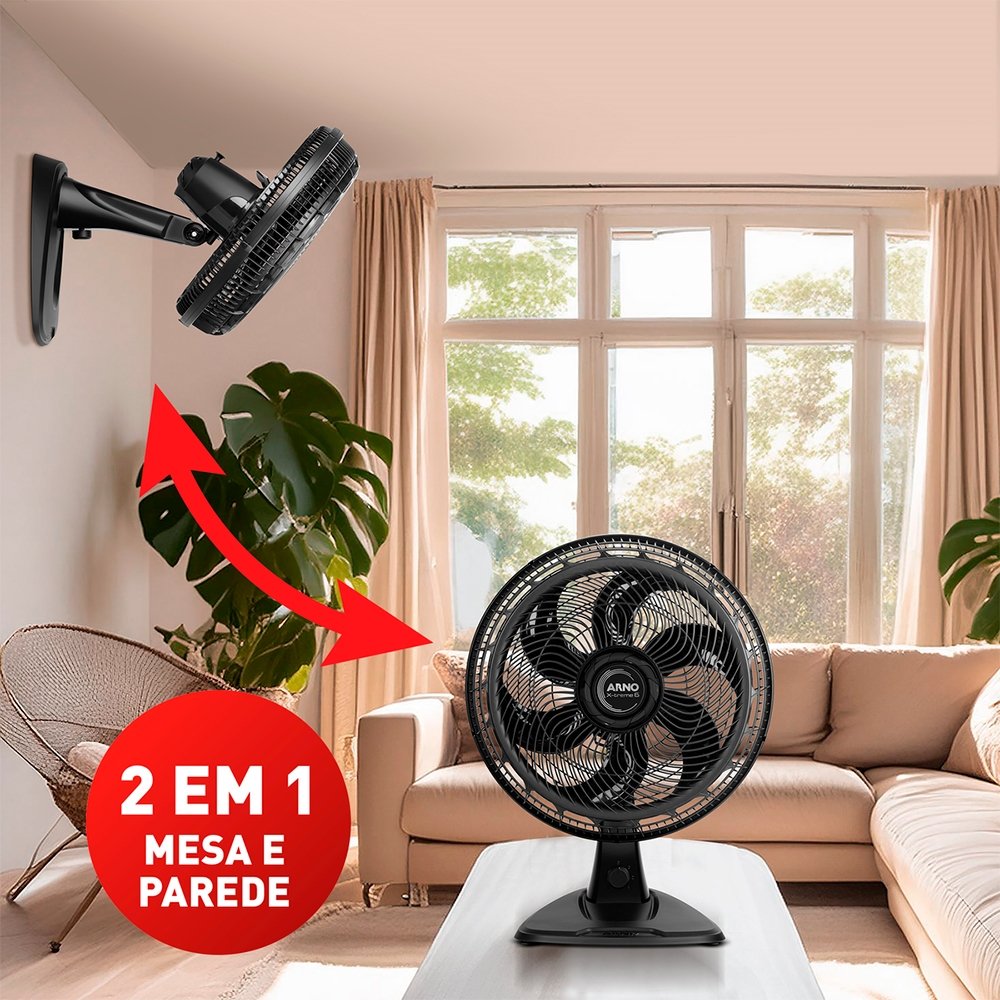 Ventilador de Mesa Arno VE60 X-Treme 2 Em 1 - 140W, 40cm, 6 Pás, 3 Velocidades, Preto, 220V