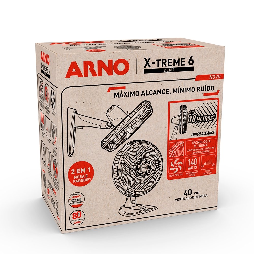 Ventilador de Mesa Arno VE60 X-Treme 2 Em 1 - 140W, 40cm, 6 Pás, 3 Velocidades, Preto, 220V