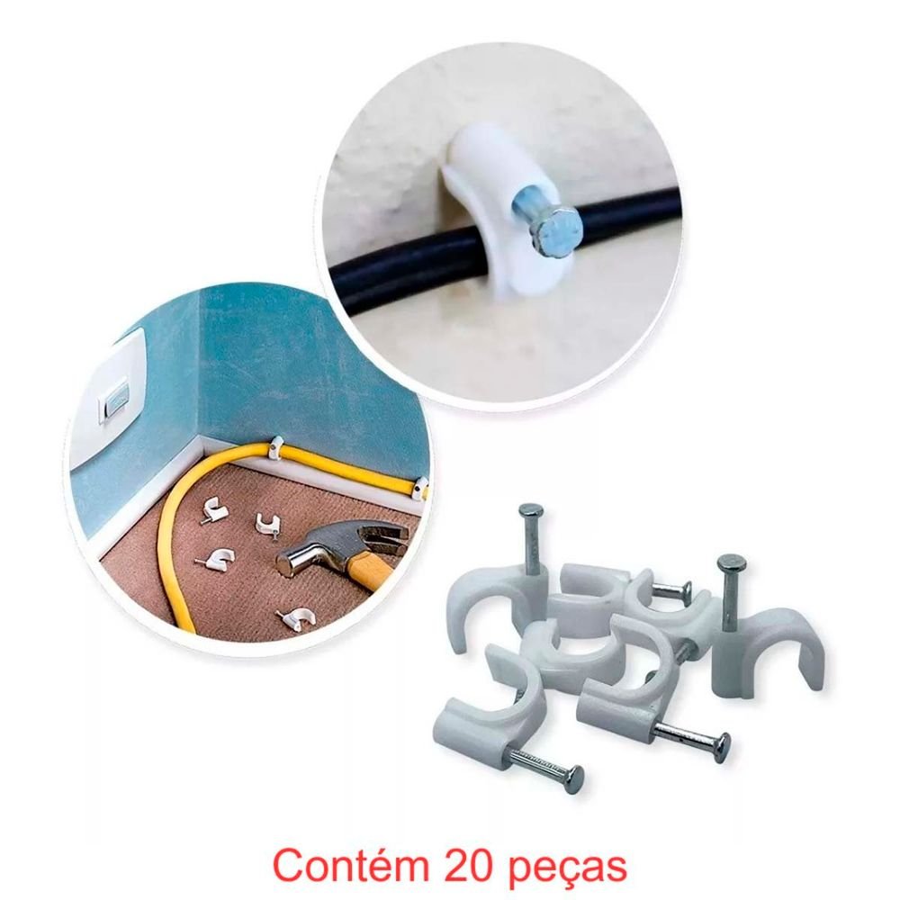 Fixa Fio Coaxial 10mm + Prego 2,5x25mm Branco 20 Peças Sforplast